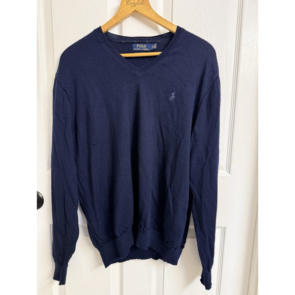 Polo Ralph Lauren Men XL Sweater Wool Knit Blue V-Neck Pullover Golf Preppy Pony